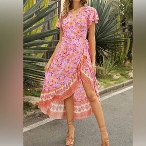 Bohemian Floral Printed Wrap V Neck Beach Party Flowy Ruffle Midi Dress, L